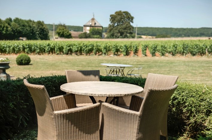 salon de jardin face à des vignes