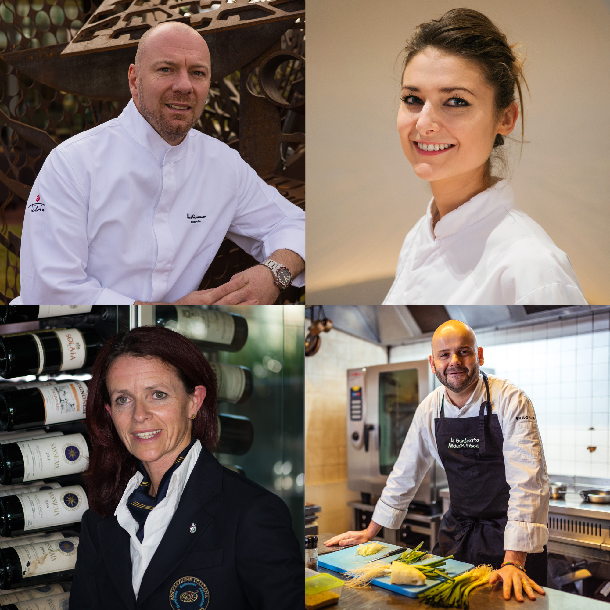 Montage photo de quatre personnes, deux hommes chefs, une femme cheffe et une femme sommelière