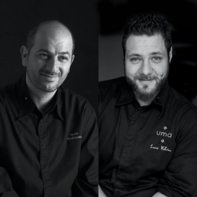 Photo montage noir et blanc de deux chefs en veste de cuisine