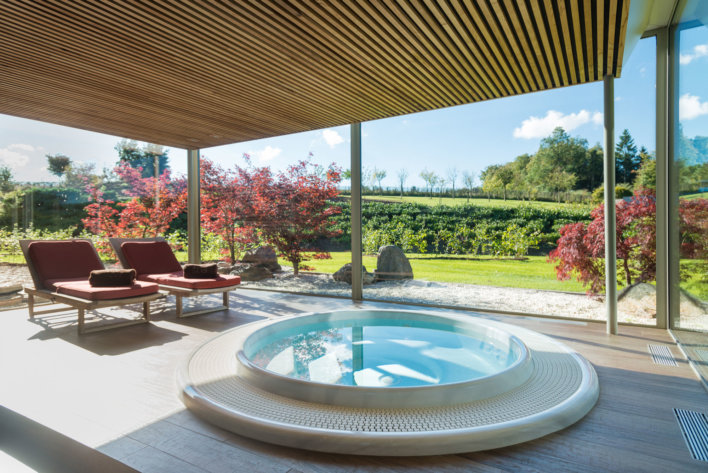 Jacuzzi intérieur pris en photo de l'intérieur avec une magnifique vue, qui donne sur l'espace vert de l’établissement