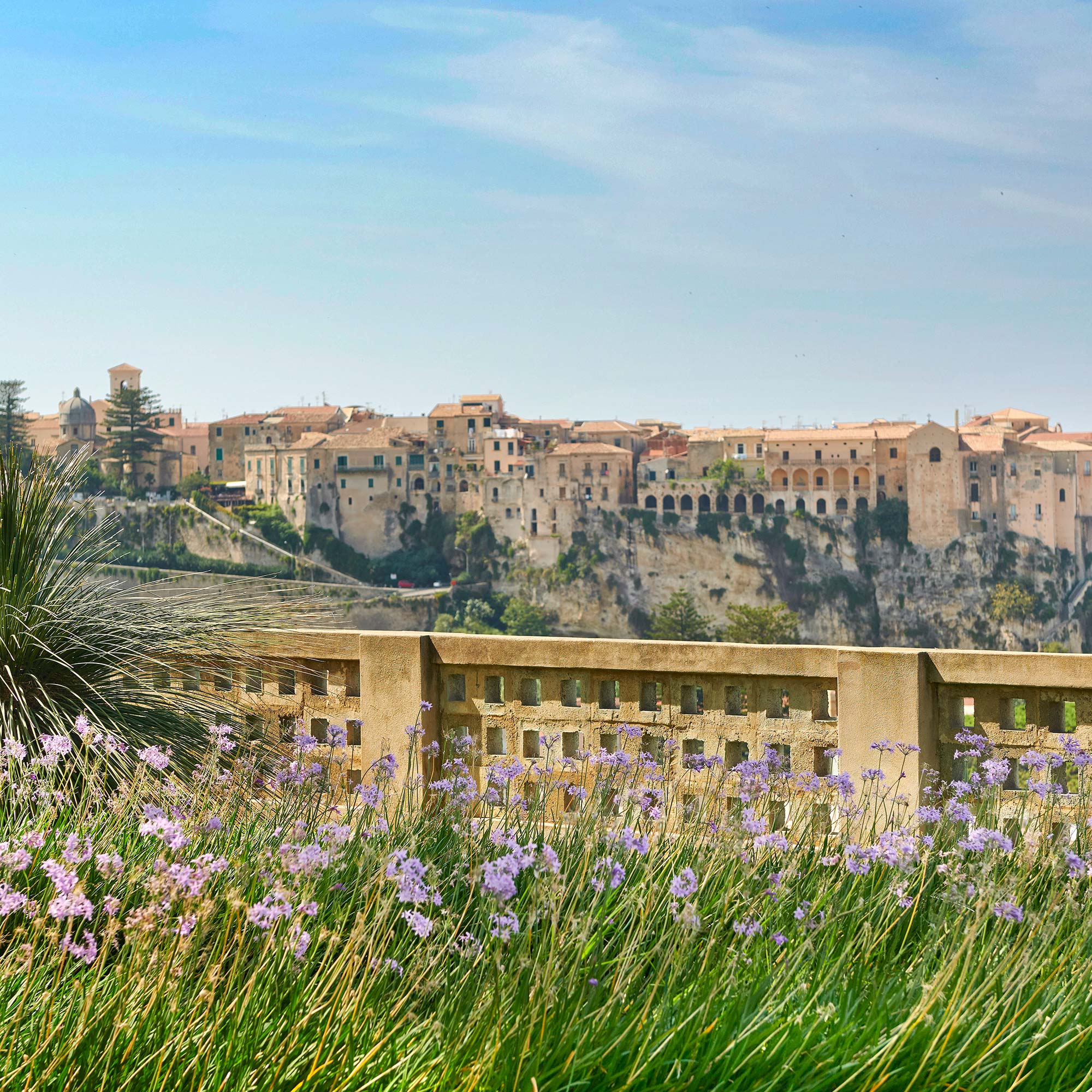 Vue sur Tropea d'une terrasse fleurie