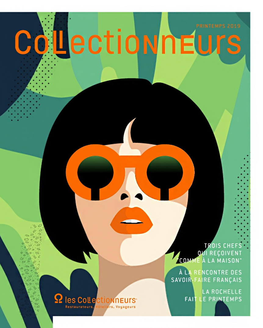 Illustration, visage féminin, cheveux noir au carré, lunettes de soleil orange, arrière plan camaïeu de vert