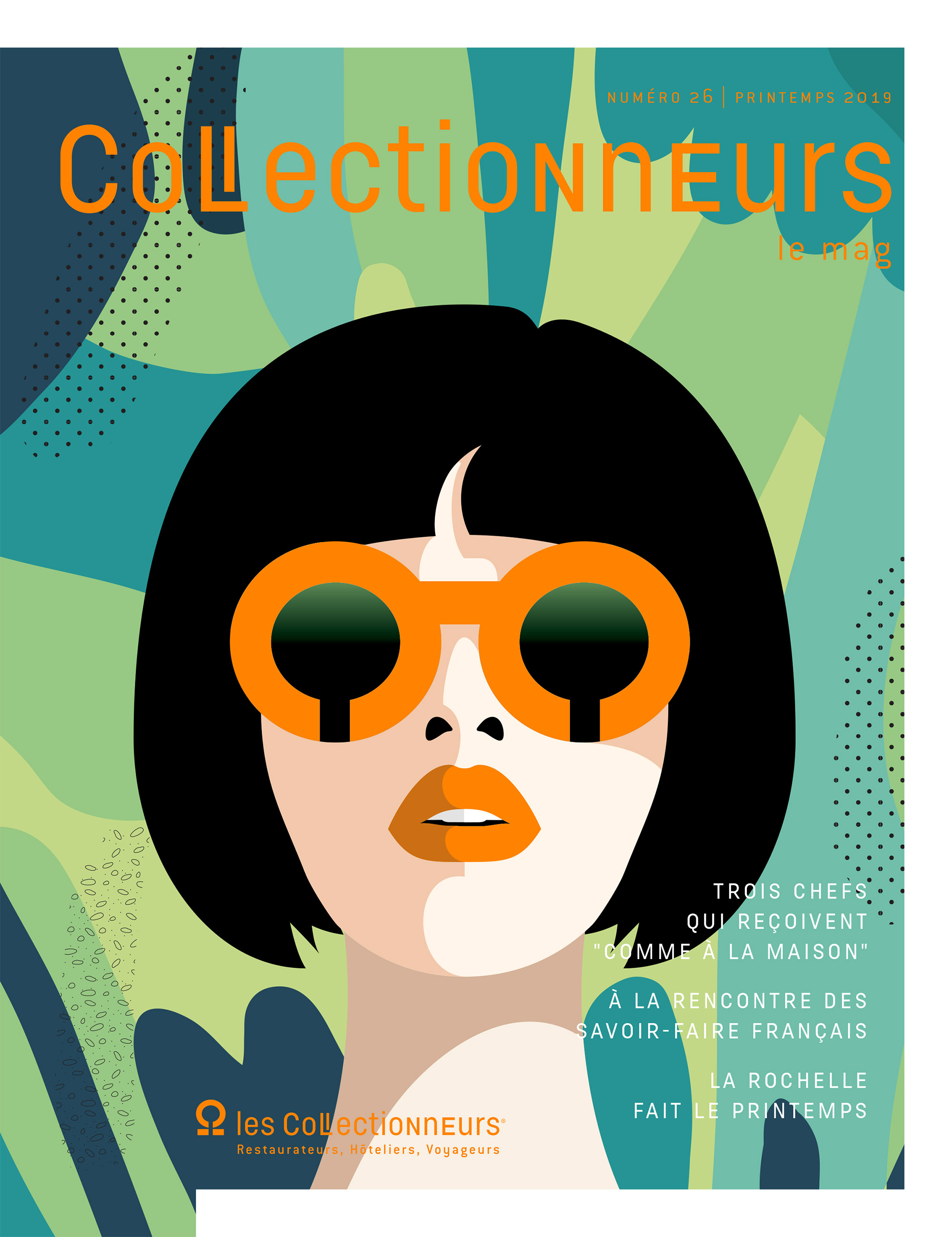 Couverture graphique d'un magazine, illustration d'nue femme femme, coupe au bol avec lunette ronde orange, arrière-plan feuillage
