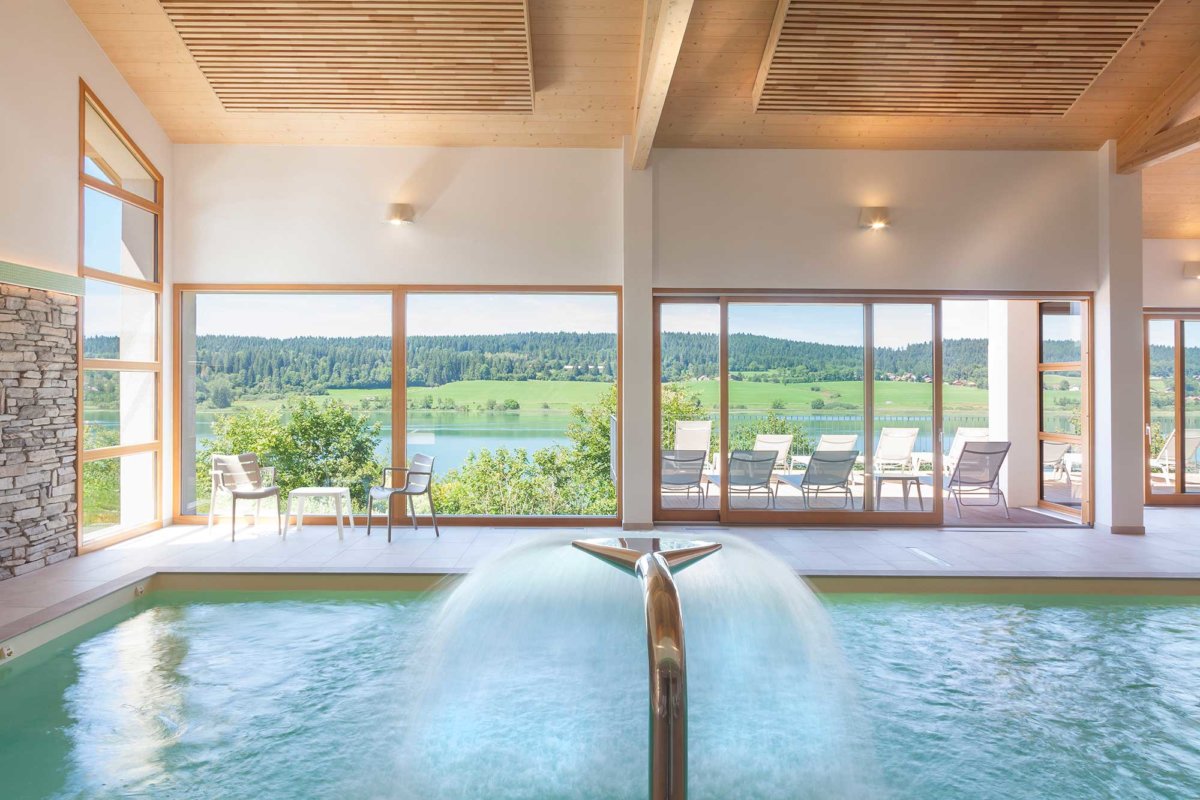 Piscine avec toit cathédrale et baie vitrée qui donne sur un lac