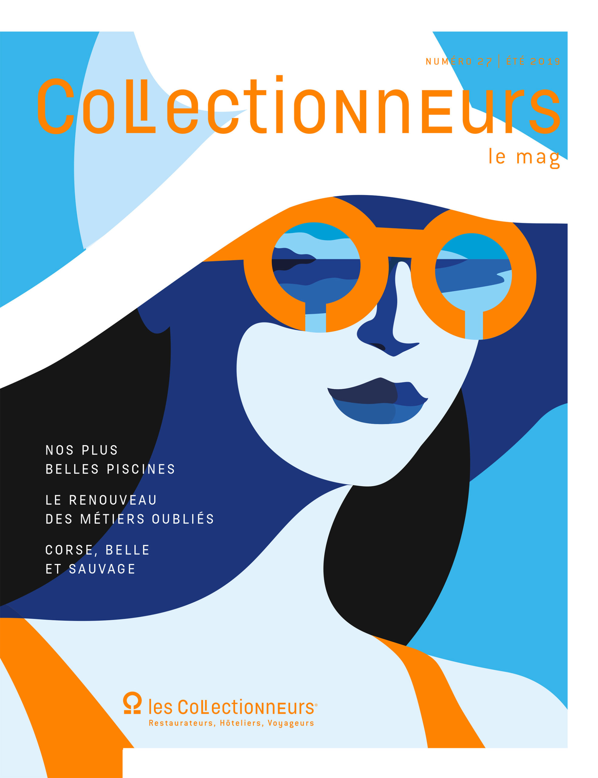 Couverture de magazine, illustration graphique représentant le visage d'une femme sous un chapeau de plage, débardeur et lunettes orange