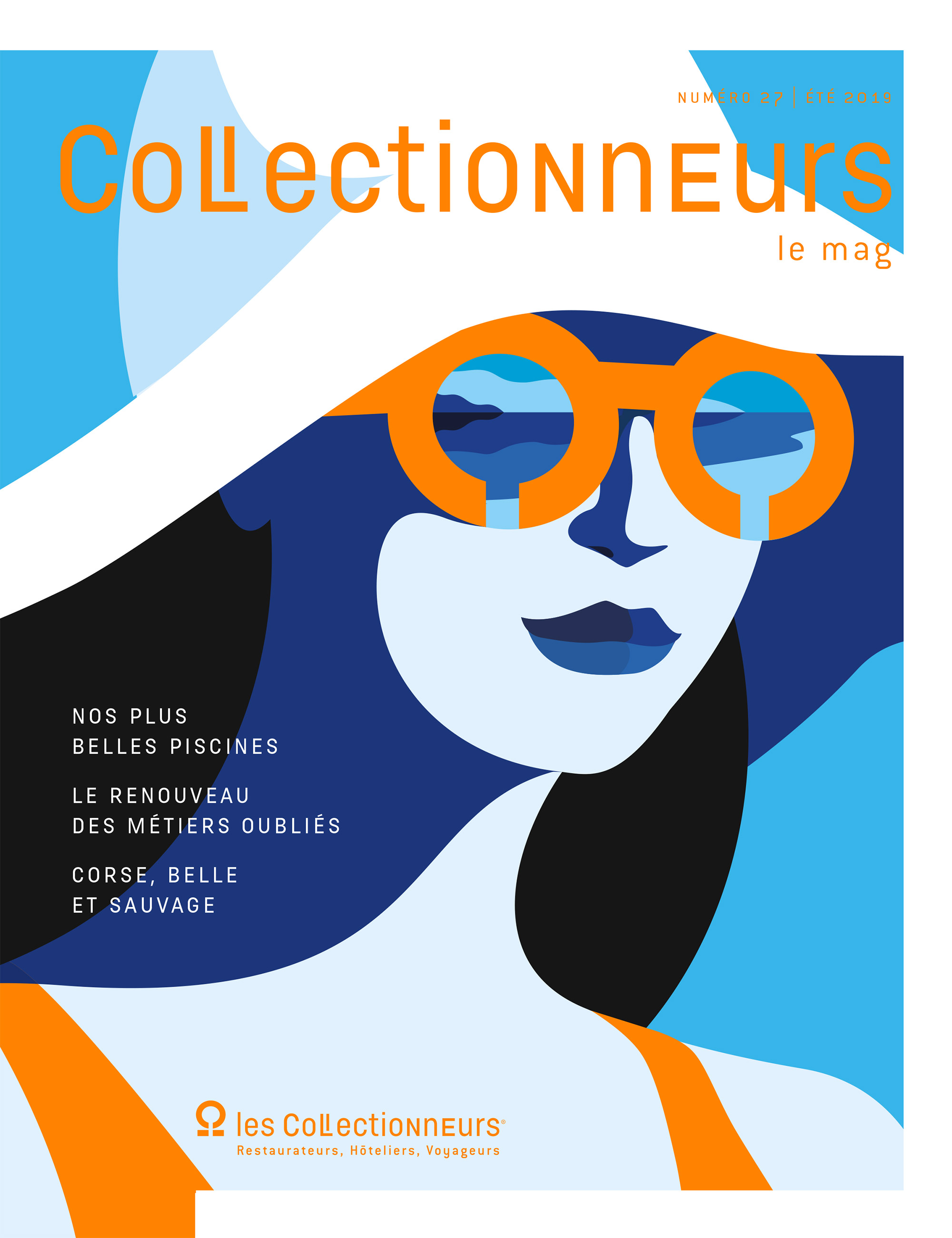 Couverture de magazine, illustration graphique représentant le visage d'une femme sous un chapeau de plage, débardeur et lunettes orange